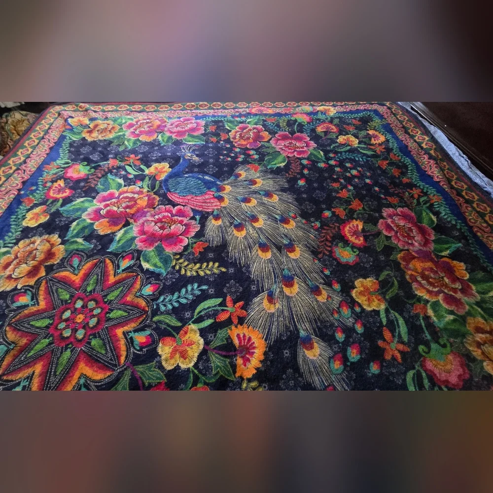 Johnny Was Lauren Canyon Cozy Sherpa Blanket Reversible Darnahta Peacock Flower